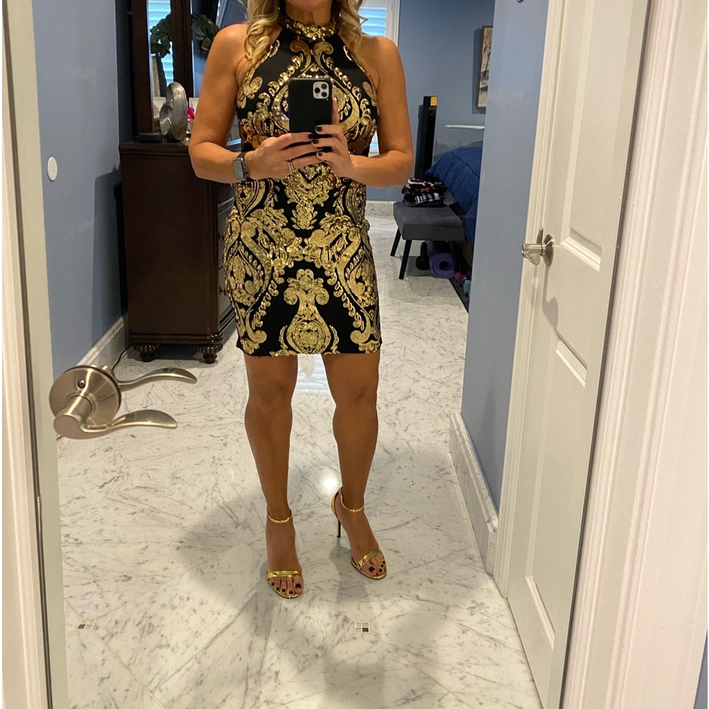 VENUS BLACK MINI DRESS WITH GOLD SEQUIN